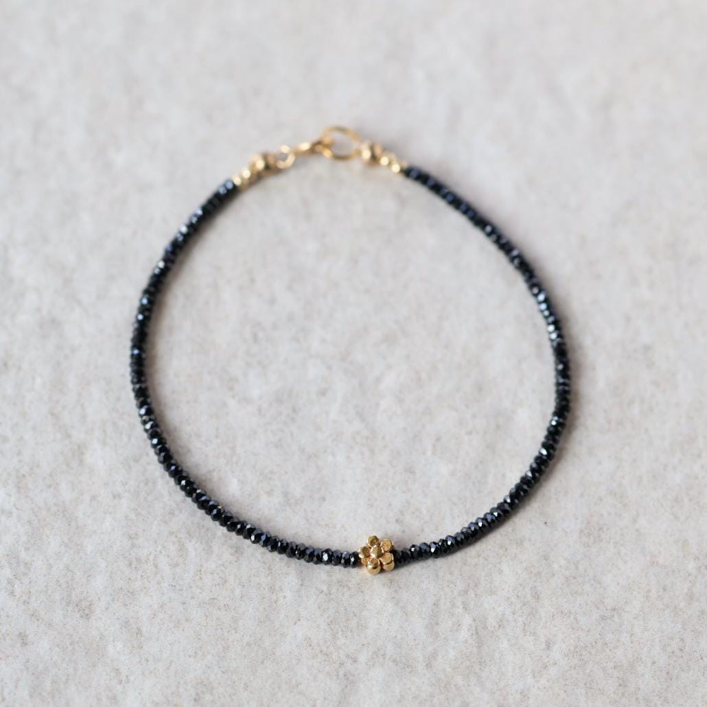 Tiny Black Spinel Bracelet with Flower Charm