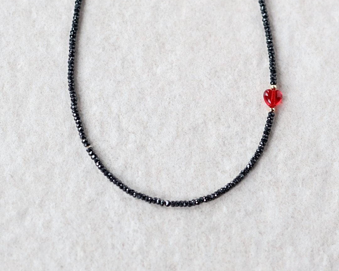 Tiny Black Tourmaline Necklace Beaded Red Heart Choker Layering Simple Necklace Minimalist Jewelry Gift Valentines Galentines Girlfriend