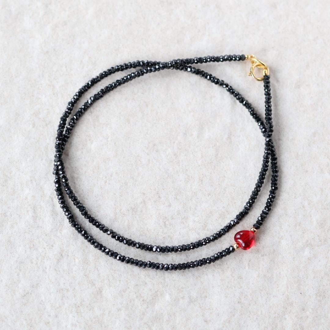 Tiny Black Tourmaline Necklace Beaded Red Heart Choker Layering Simple Necklace Minimalist Jewelry Gift Valentines Galentines Girlfriend