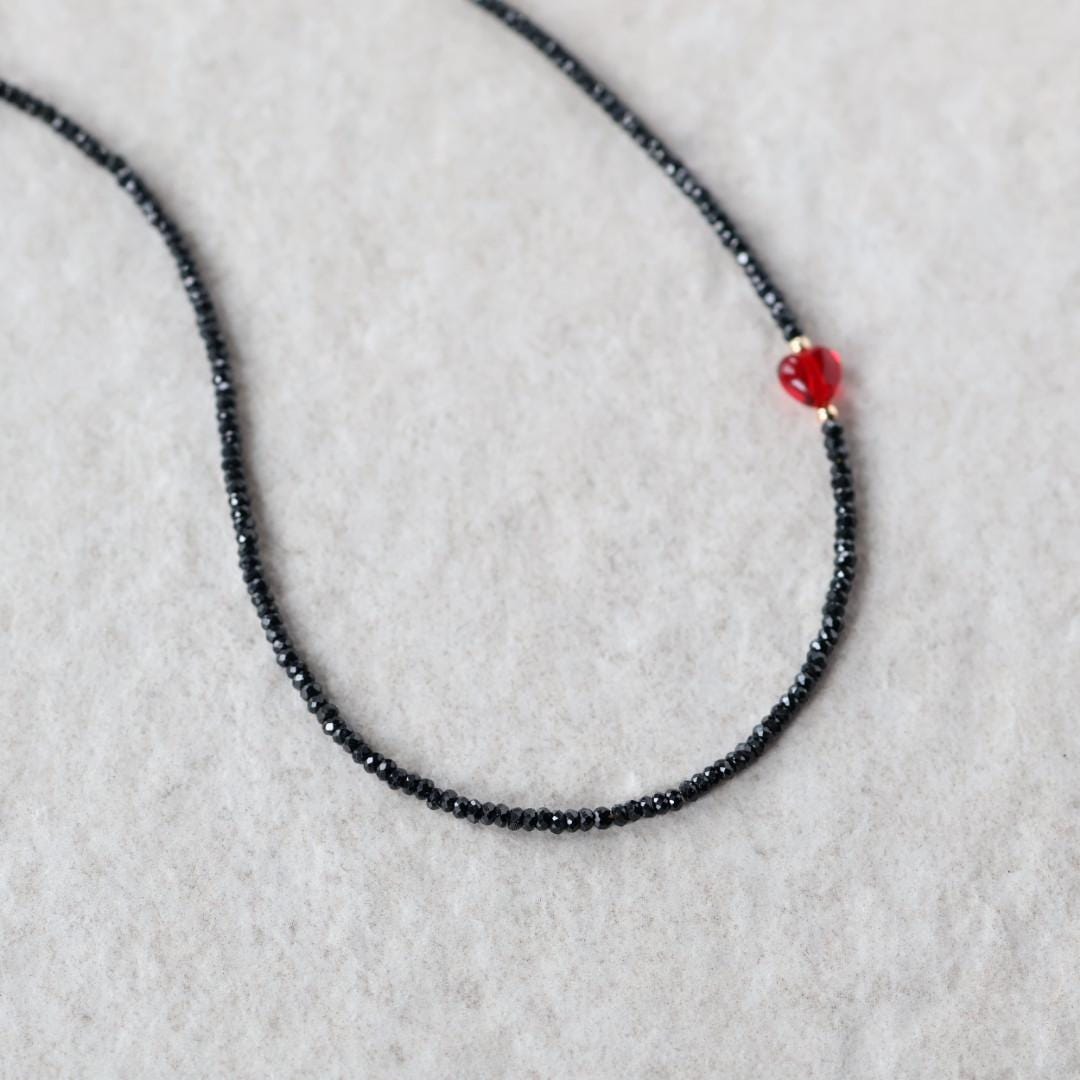 Tiny Black Tourmaline Necklace Beaded Red Heart Choker Layering Simple Necklace Minimalist Jewelry Gift Valentines Galentines Girlfriend