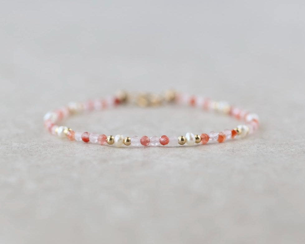 Tiny Carnelian, Rose Quartz, and Pearl Bracelet