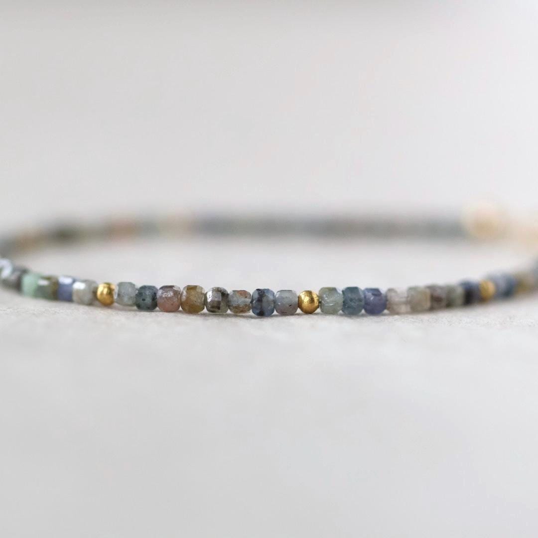 Tiny Multi Sapphire Bracelet Dainty Gemstone Beaded Bracelet Colorful Skinny Jewelry Minimalist September Birthstone Birthday Gift for Women