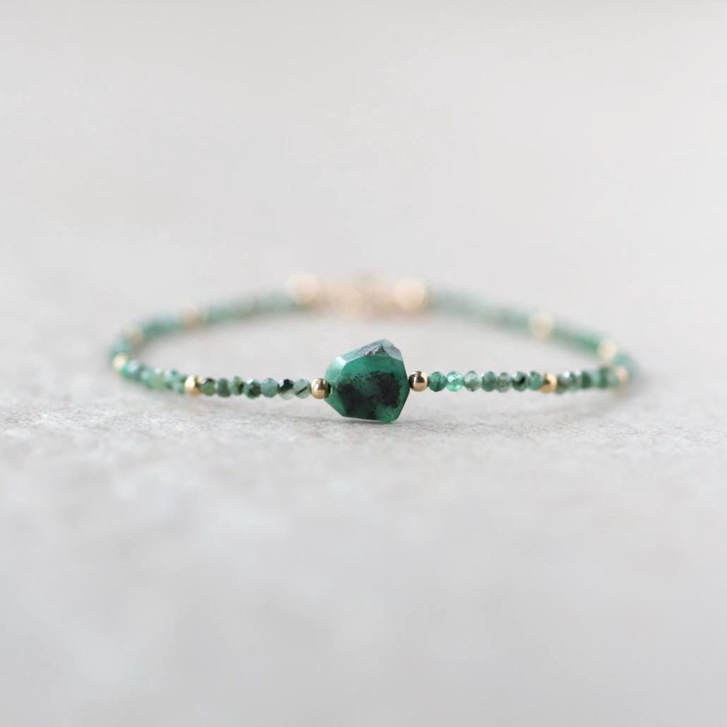 Tiny Emerald Bracelet Dainty Gemstone Beaded Jewelry Green Crystal Bracelet Minimalist May Birthstone Birthday Gift 20th Anniversary Wife