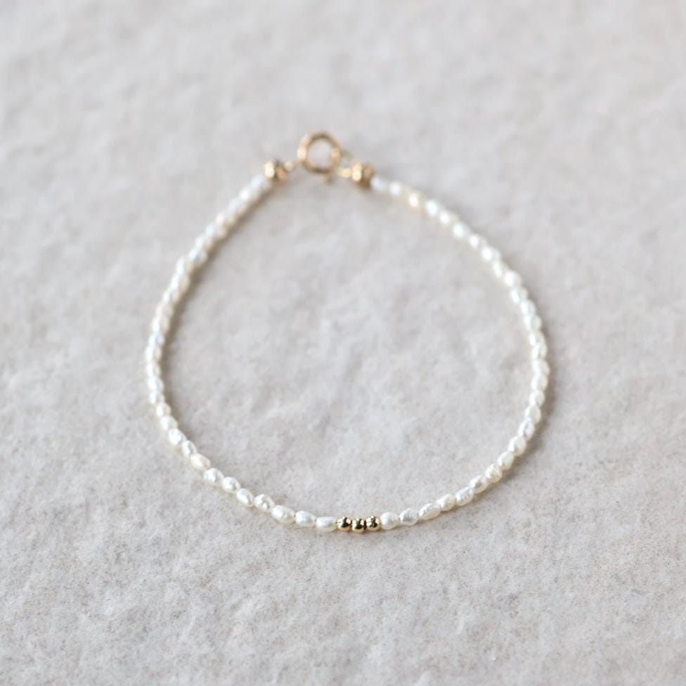 Tiny Pearl Bracelet Dainty Rice Shape Pearl Small Bead Minimalist Freshwater Pearl Jewelry June Birthstone Birthday Gift 30th Anniversary
