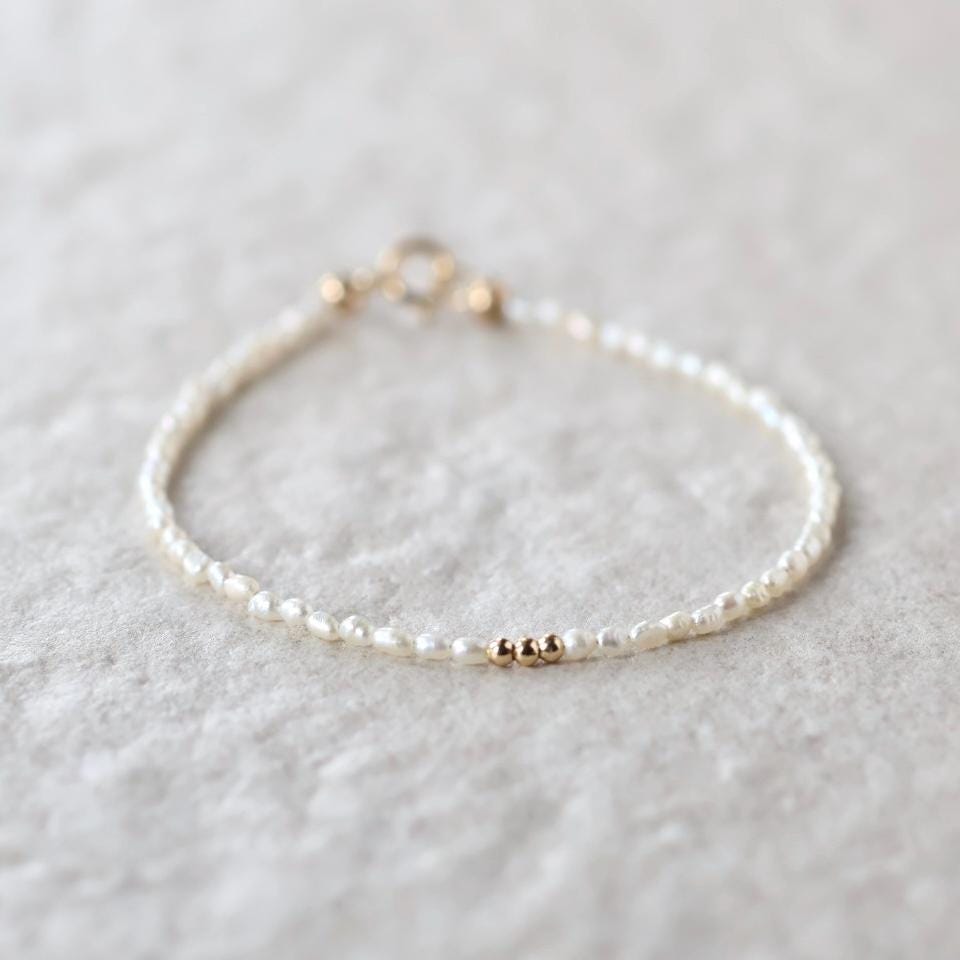Tiny Pearl Bracelet Dainty Rice Shape Pearl Small Bead Minimalist Freshwater Pearl Jewelry June Birthstone Birthday Gift 30th Anniversary