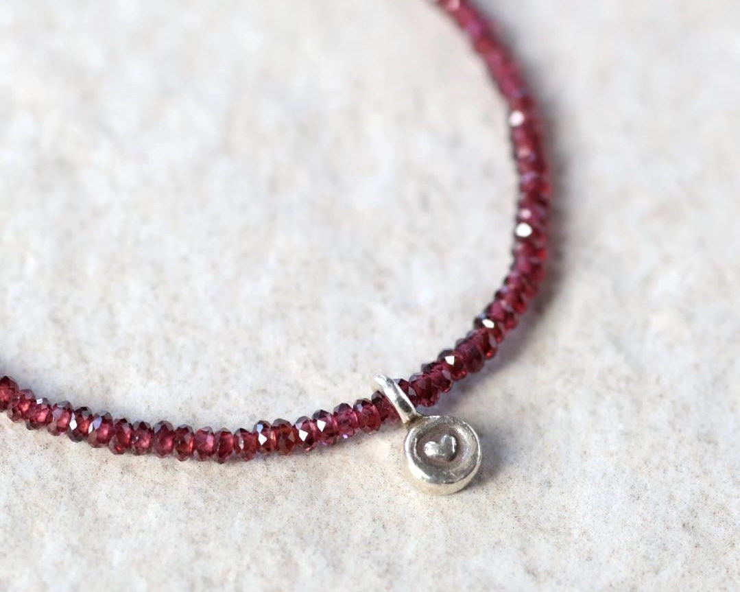 Tiny Garnet Bracelet with Silver Heart Charm