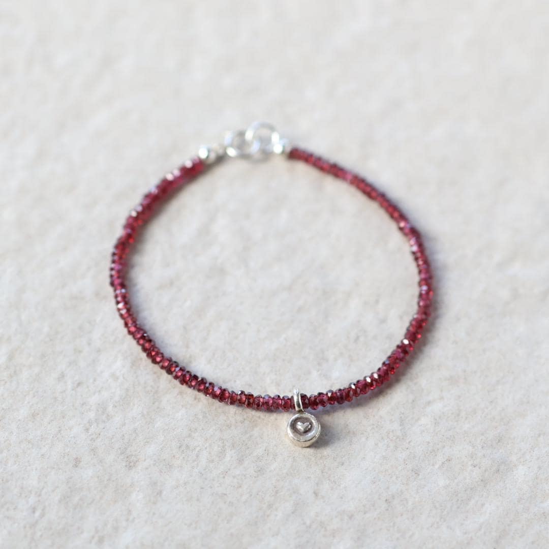 Tiny Garnet Bracelet with Silver Heart Charm