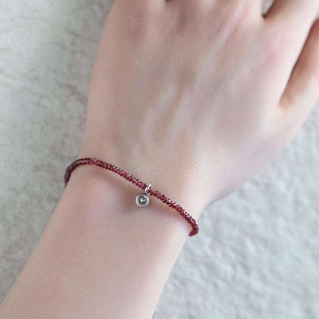 Tiny Garnet Bracelet with Silver Heart Charm