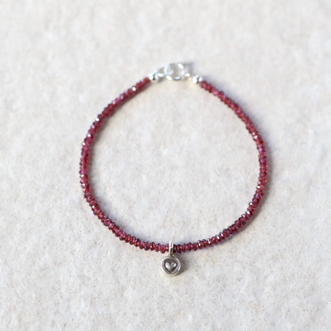 Tiny Garnet Bracelet with Silver Heart Charm