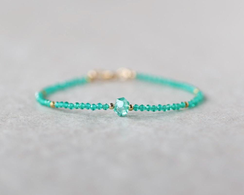 Tiny Green Onyx and Herkimer Diamond Bracelet