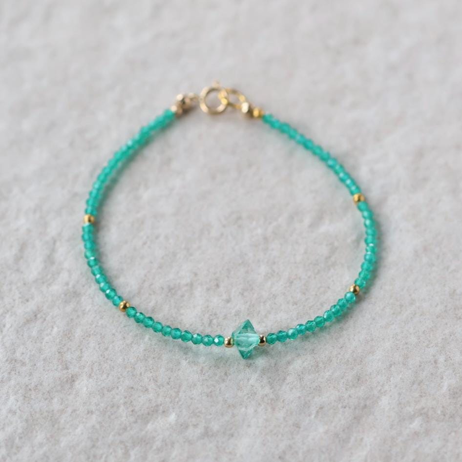 Tiny Green Onyx and Herkimer Diamond Bracelet