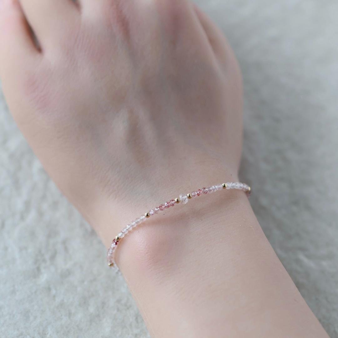 Tiny Imperial Pink Topaz Bracelet Dainty Gemstone Beaded Jewelry Minimalist Gold Filled November Birthstone Gift for Women Mom Wife