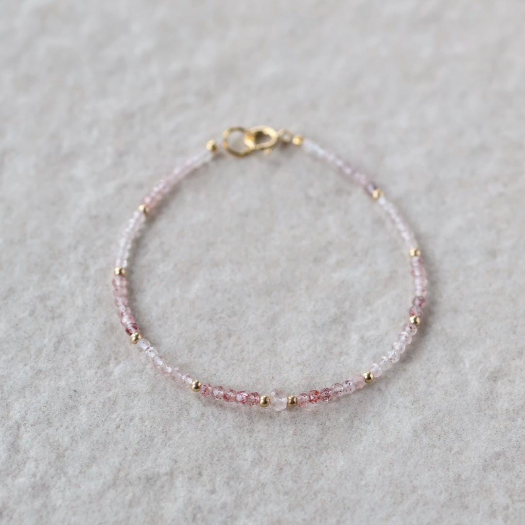 Tiny Imperial Pink Topaz Bracelet Dainty Gemstone Beaded Jewelry Minimalist Gold Filled November Birthstone Gift for Women Mom Wife