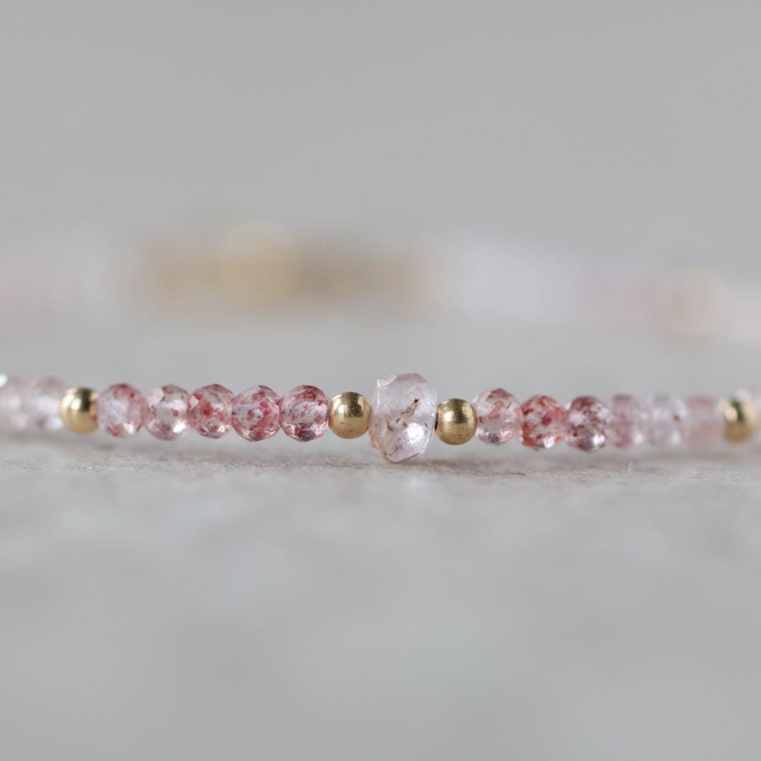 Tiny Imperial Pink Topaz Bracelet Dainty Gemstone Beaded Jewelry Minimalist Gold Filled November Birthstone Gift for Women Mom Wife