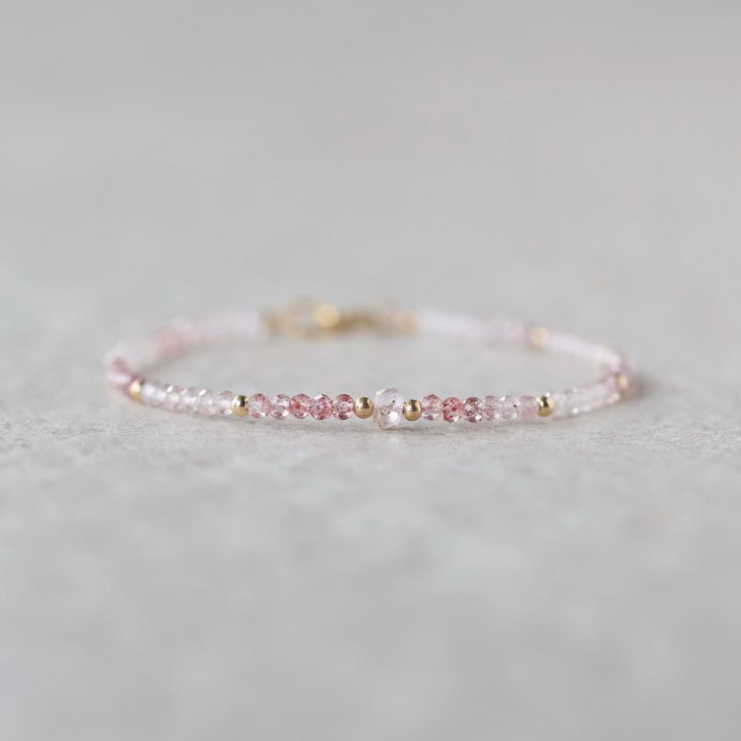 Tiny Imperial Pink Topaz Bracelet Dainty Gemstone Beaded Jewelry Minimalist Gold Filled November Birthstone Gift for Women Mom Wife