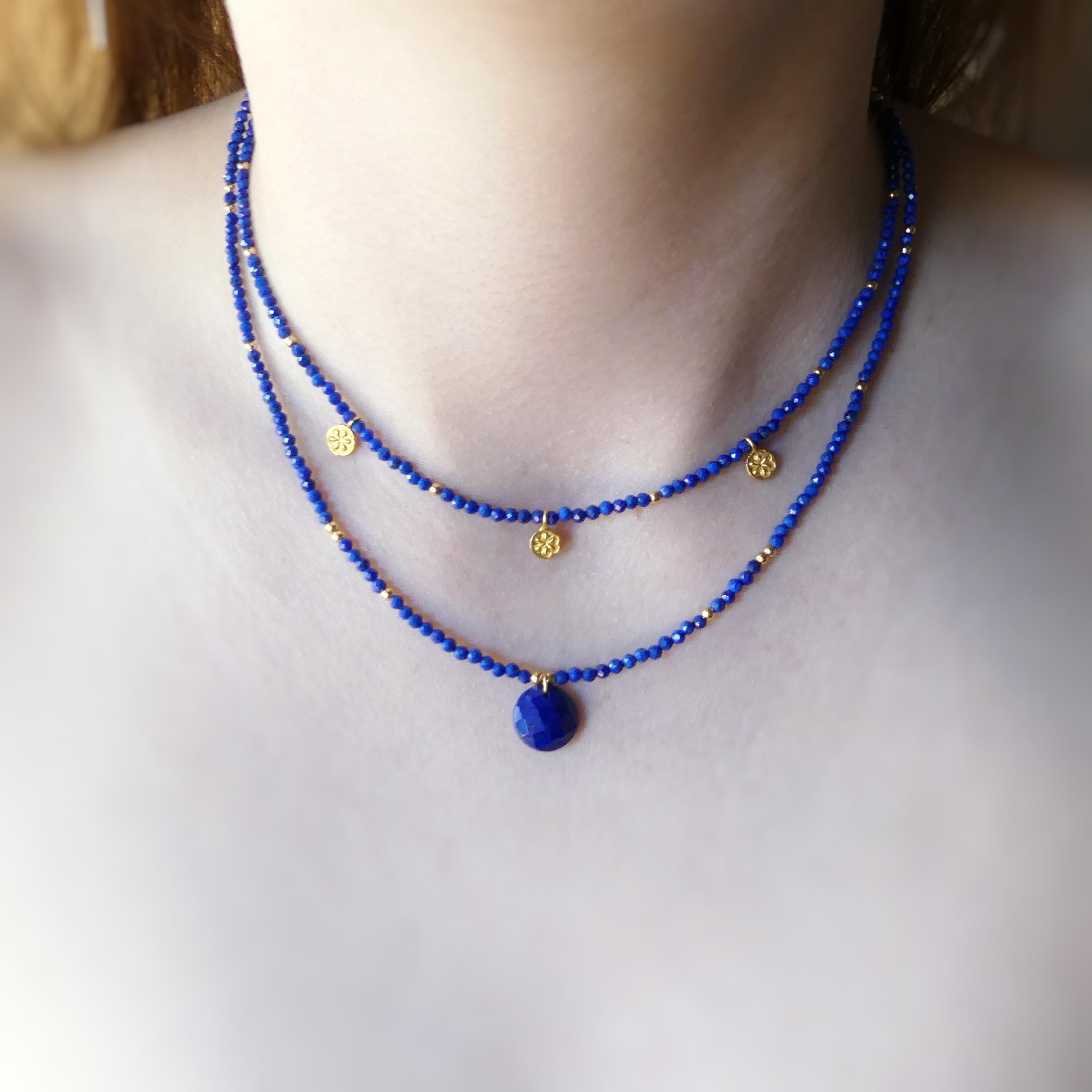 Tiny Lapis Beaded Necklace with Daisy Pendants