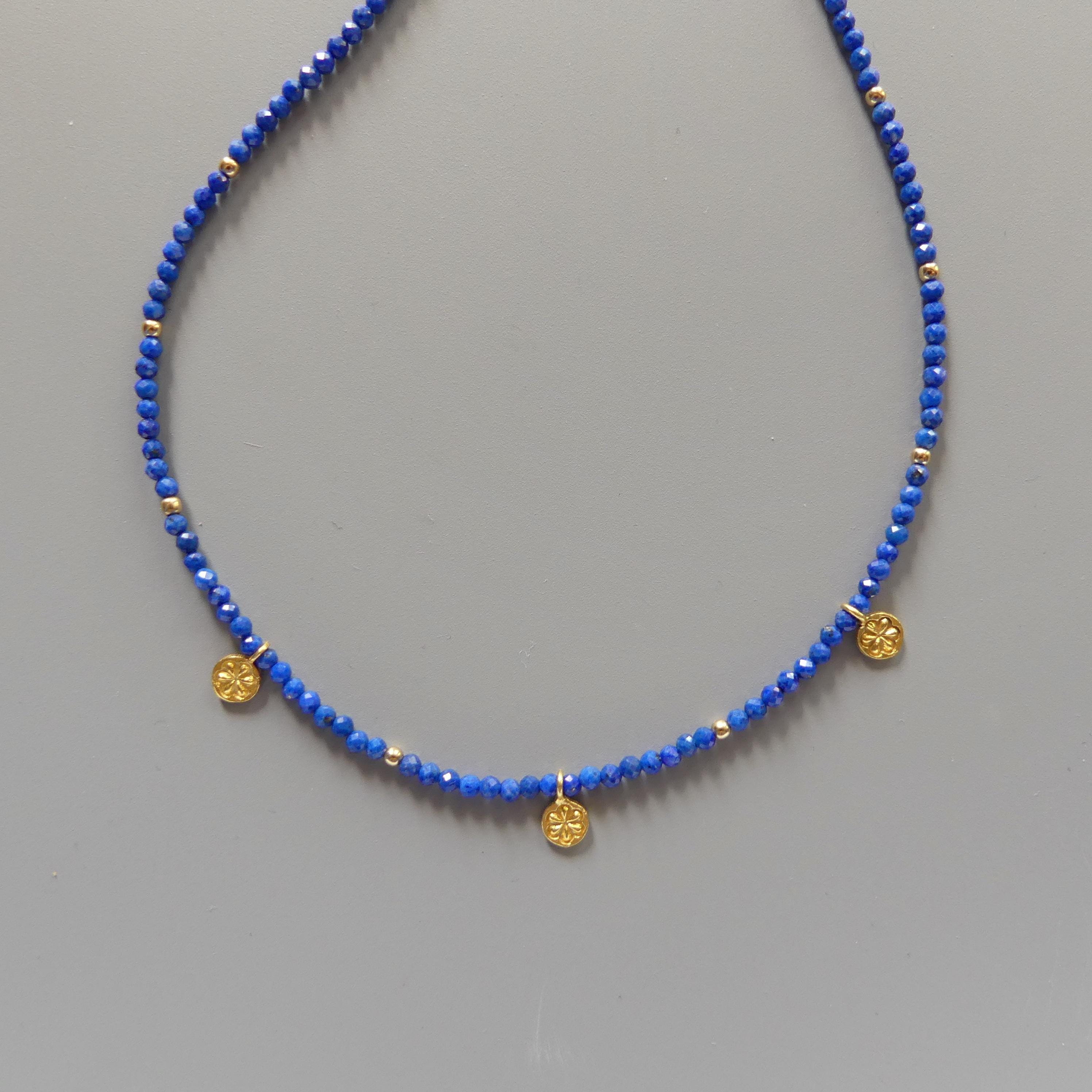 Tiny Lapis Beaded Necklace with Daisy Pendants