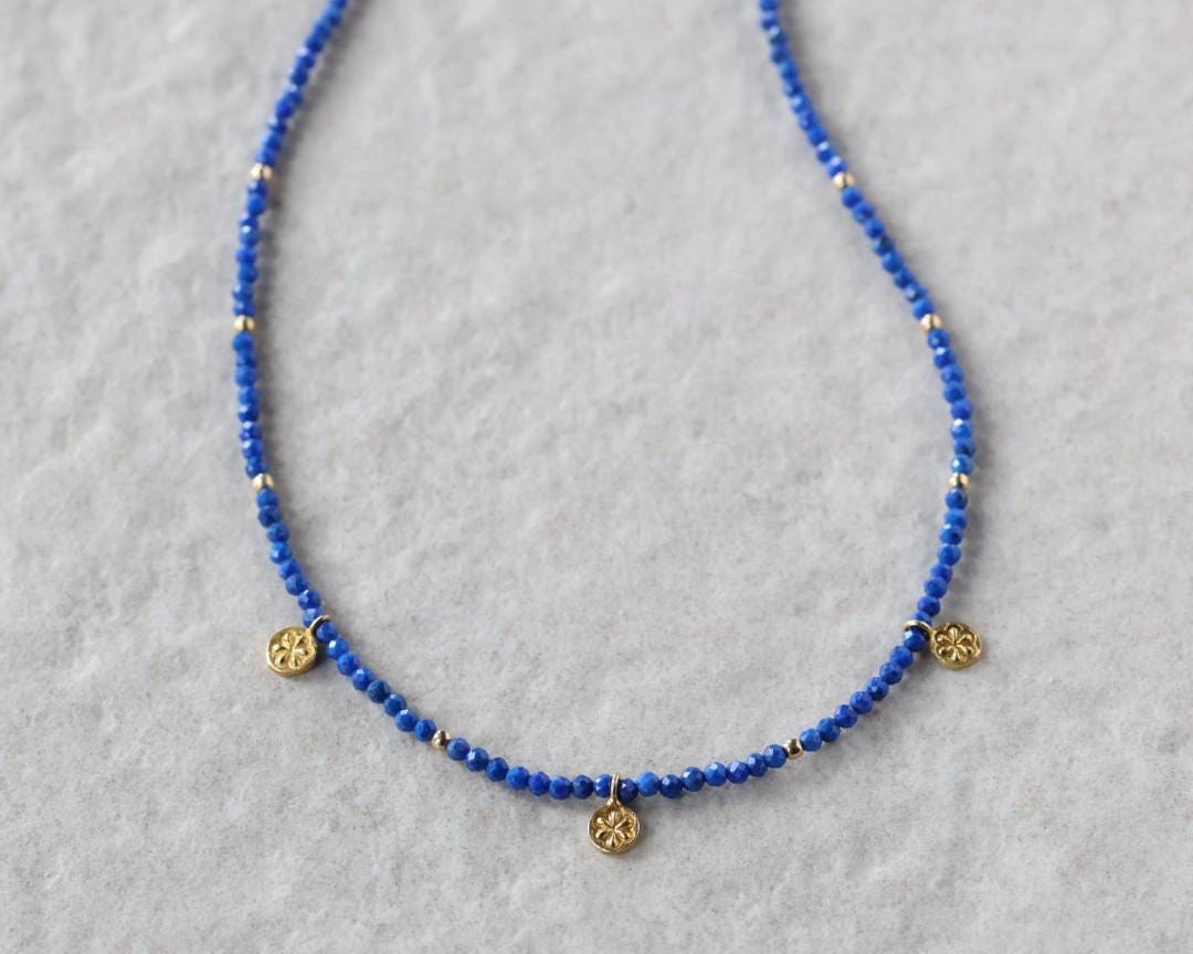 Tiny Lapis Beaded Necklace with Daisy Pendants