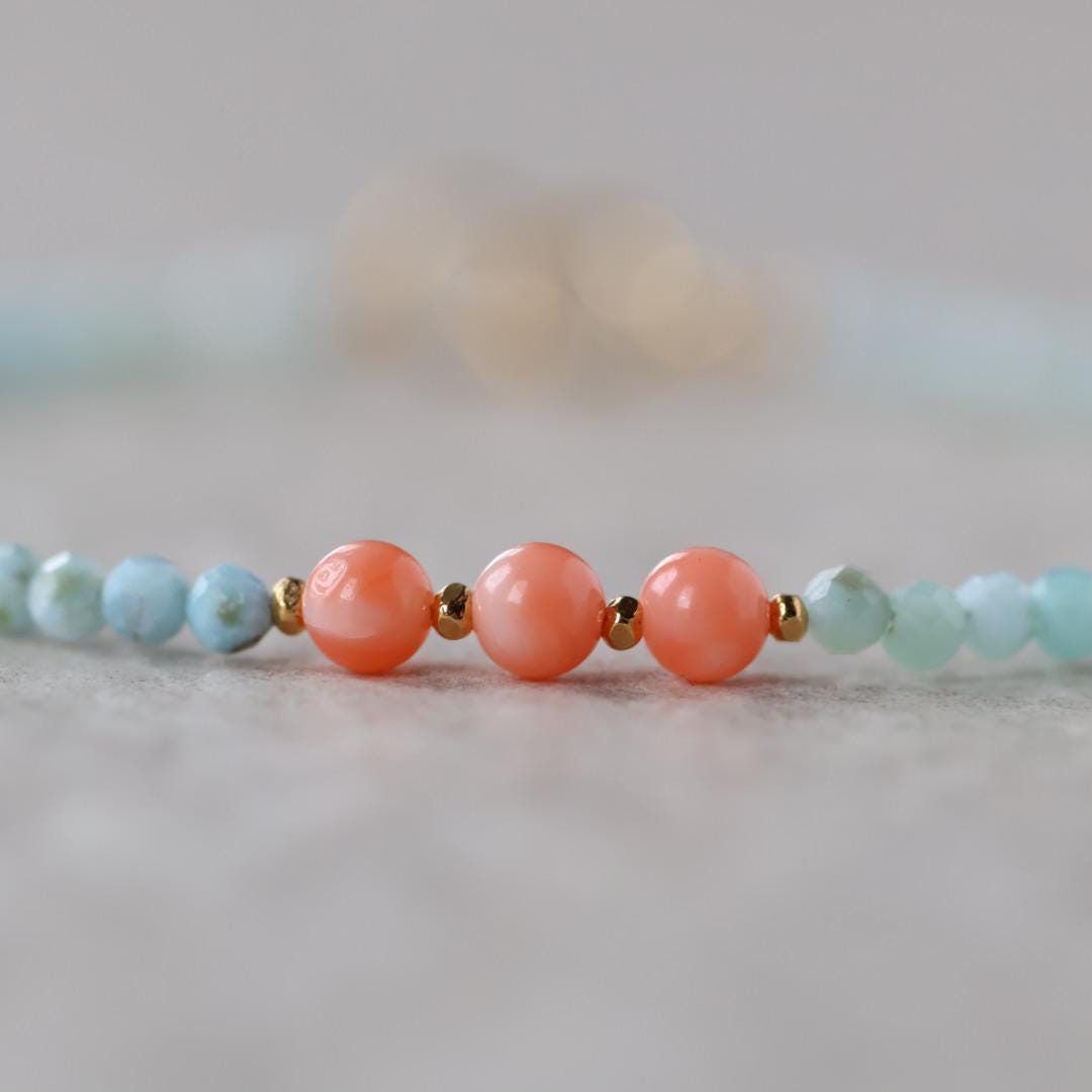 Tiny Larimar Coral Bracelet Dainty Gemstone Beaded Bracelet Minimalist Beach Stacking Crystal Jewelry Birthday Gift for Wife Mom Bridesmaid