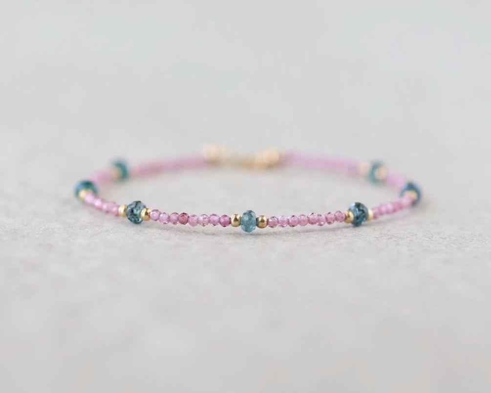 Tiny Teal Kyanite and Pink Garnet Bracelet