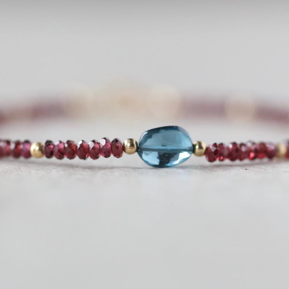Tiny Garnet Bracelet Dainty London Blue Topaz Gemstone Beaded Bracelet Crystal Minimalist Jewelry January Birthstone December Gift for Women