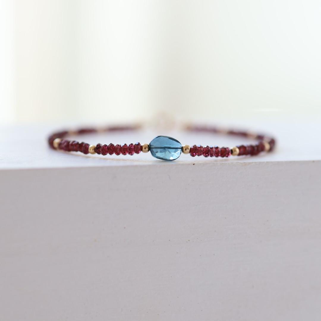 Tiny Garnet Bracelet Dainty London Blue Topaz Gemstone Beaded Bracelet Crystal Minimalist Jewelry January Birthstone December Gift for Women