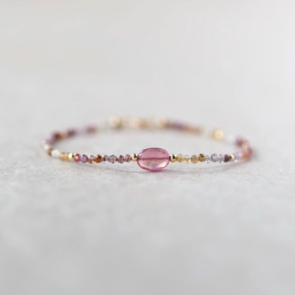 Tiny Pink Sapphire Bracelet Ruby Dainty Gemstone Beaded Bracelet Pink Jewelry Minimalist September Birthstone Birthday Gift Wife Daughter