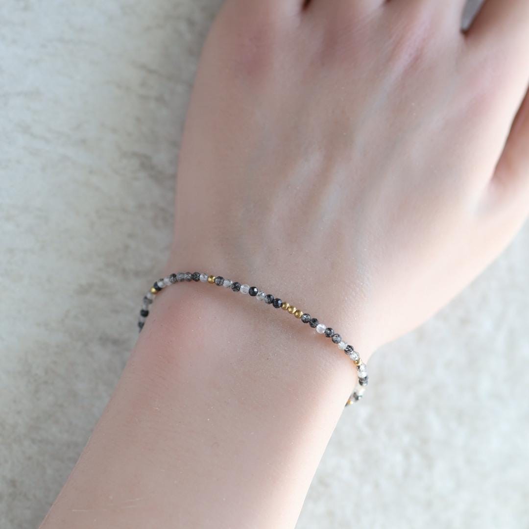 Tiny Rutilated Quartz Bracelet Dainty Tourmalinated Gemstone Beaded Crystal Jewelry Minimalist Stacking Bracelet Birthday Gift Daughter Wife