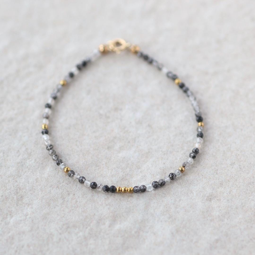 Tiny Rutilated Quartz Bracelet Dainty Tourmalinated Gemstone Beaded Crystal Jewelry Minimalist Stacking Bracelet Birthday Gift Daughter Wife