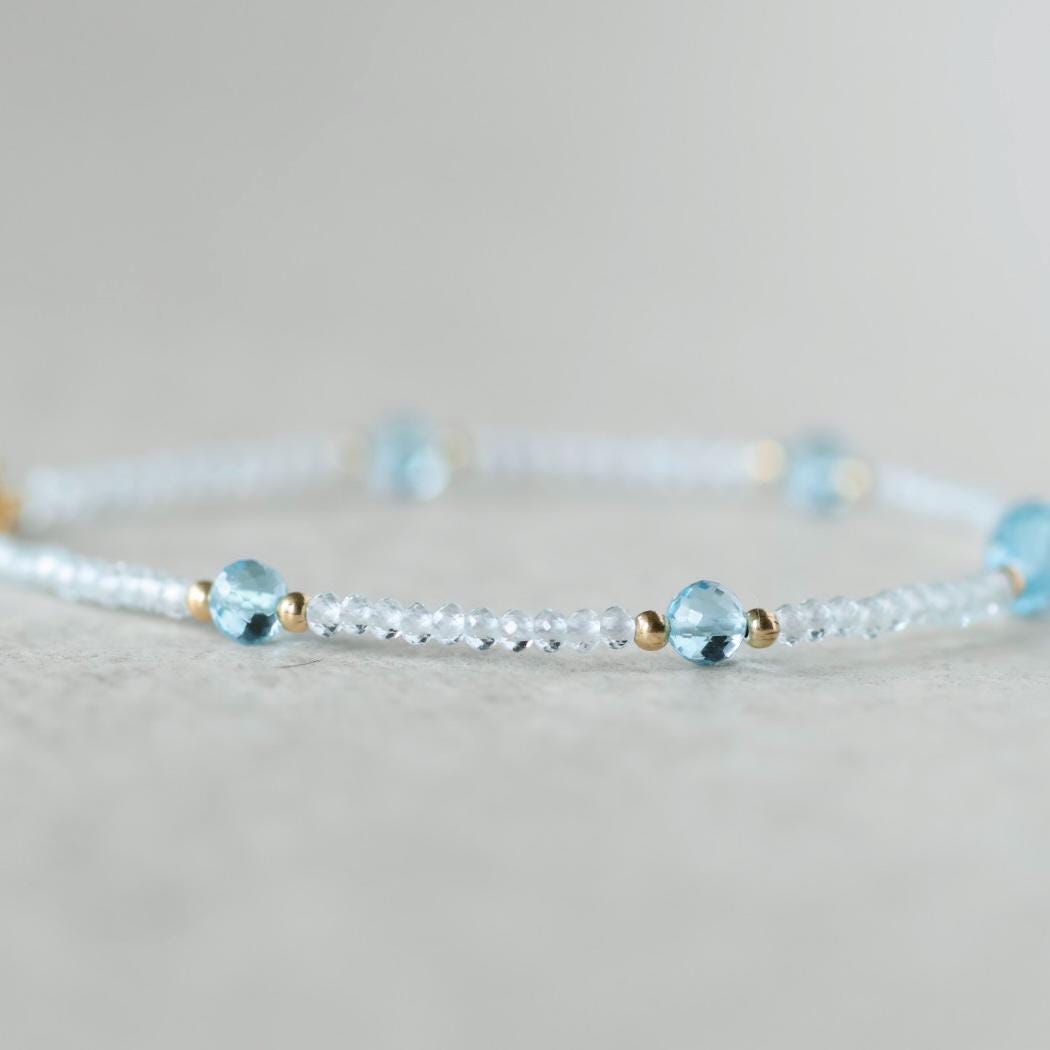 Tiny Swiss Blue Topaz Bracelet Dainty Sky Blue Topaz Gemstone Beaded Jewelry Minimalist Crystal December Birthstone Birthday Gift Mom Wife