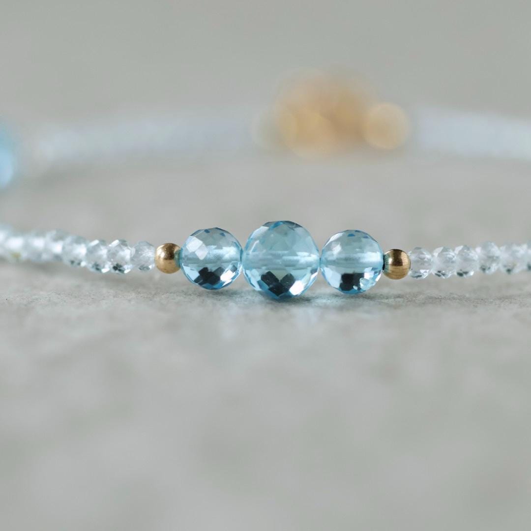 Tiny Swiss Blue Topaz Bracelet Dainty Sky Blue Topaz Gemstone Beaded Jewelry Minimalist Crystal December Birthstone Birthday Gift Mom Wife