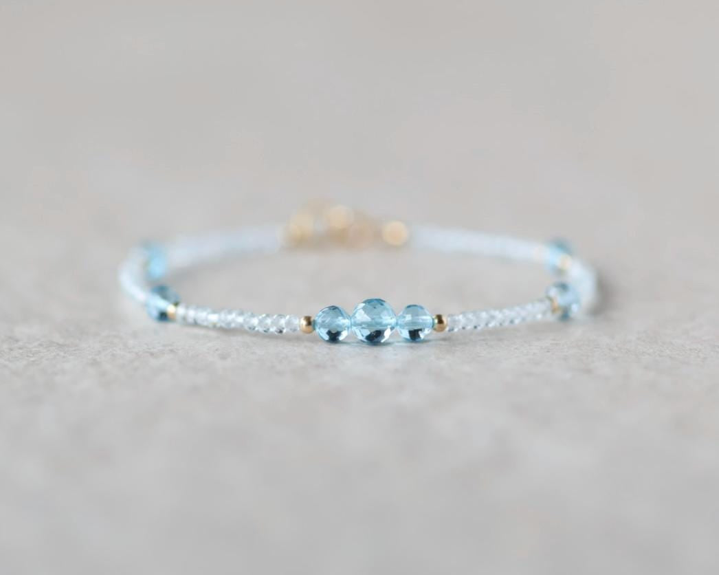 Tiny Swiss Blue Topaz Bracelet Dainty Sky Blue Topaz Gemstone Beaded Jewelry Minimalist Crystal December Birthstone Birthday Gift Mom Wife