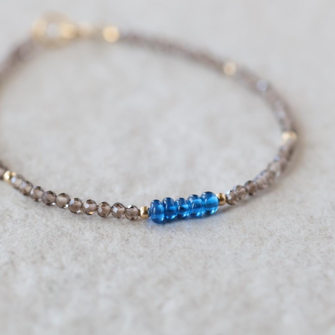 Tiny Sapphire Bracelet Smoky Quartz Dainty Gemstone Beaded Bracelet Crystal Minimalist Jewelry September Birthstone Gift for Women Wife