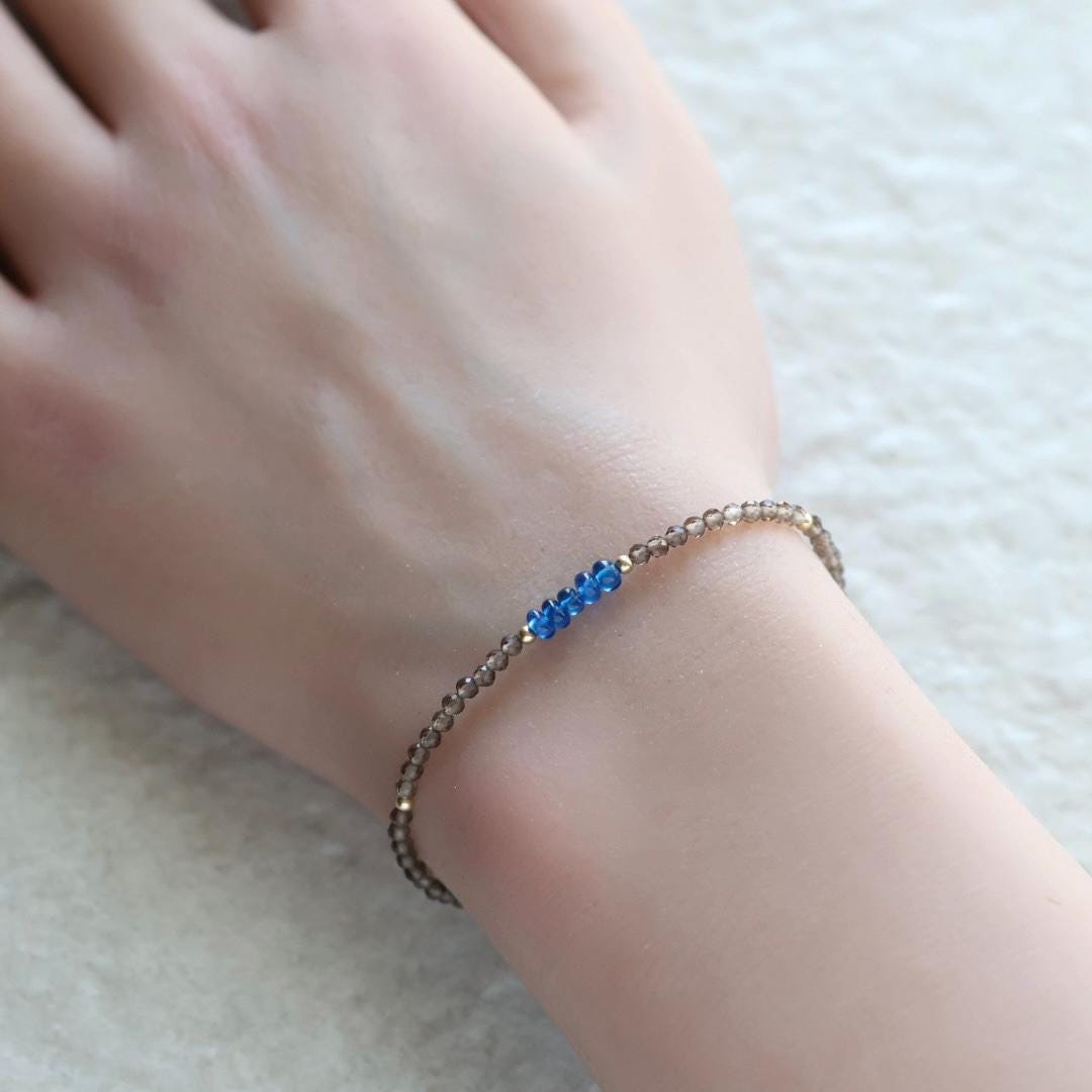 Tiny Sapphire Bracelet Smoky Quartz Dainty Gemstone Beaded Bracelet Crystal Minimalist Jewelry September Birthstone Gift for Women Wife