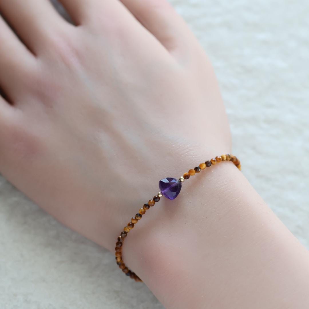 Tiny Amethyst Bracelet Tigers Eye Dainty Gold Filled Gemstone Purple Crystal Protection Jewelry February Birthstone Birthday Gift Mom Wife