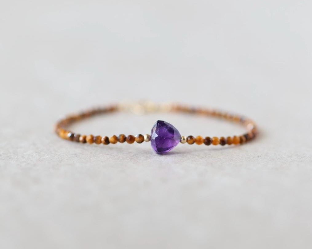 Tiny Amethyst Bracelet Tigers Eye Dainty Gold Filled Gemstone Purple Crystal Protection Jewelry February Birthstone Birthday Gift Mom Wife