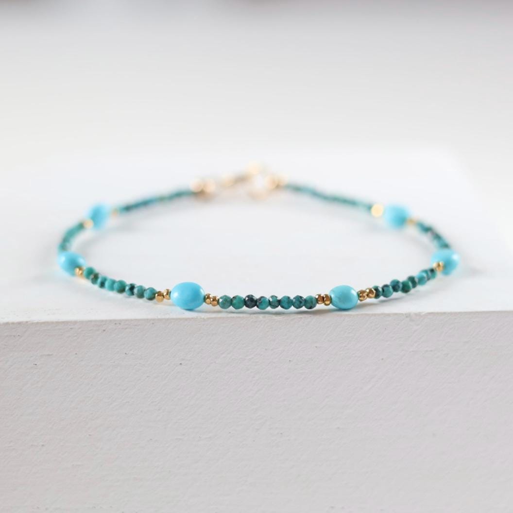 Sleeping Beauty Turquoise Bracelet Dainty Gold Filled Beads December Birthstone Minimalist Jewelry Silver Bracelet Birthday Gift Bride Wife