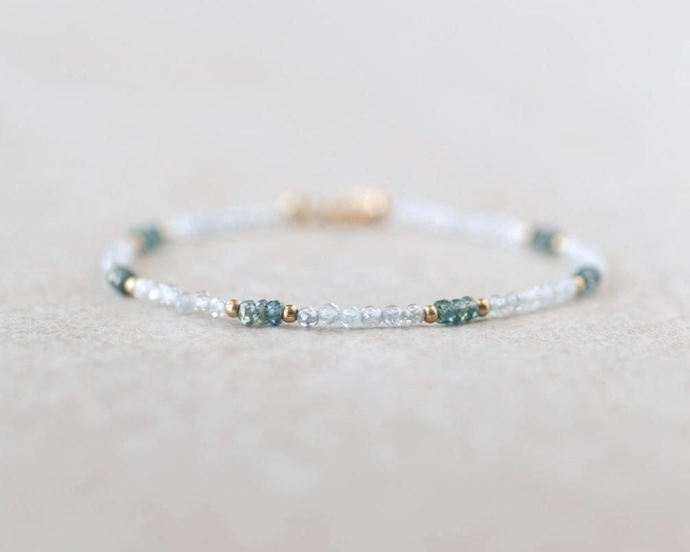 Tiny White Diamond Zircon and Green Sapphire Bracelet