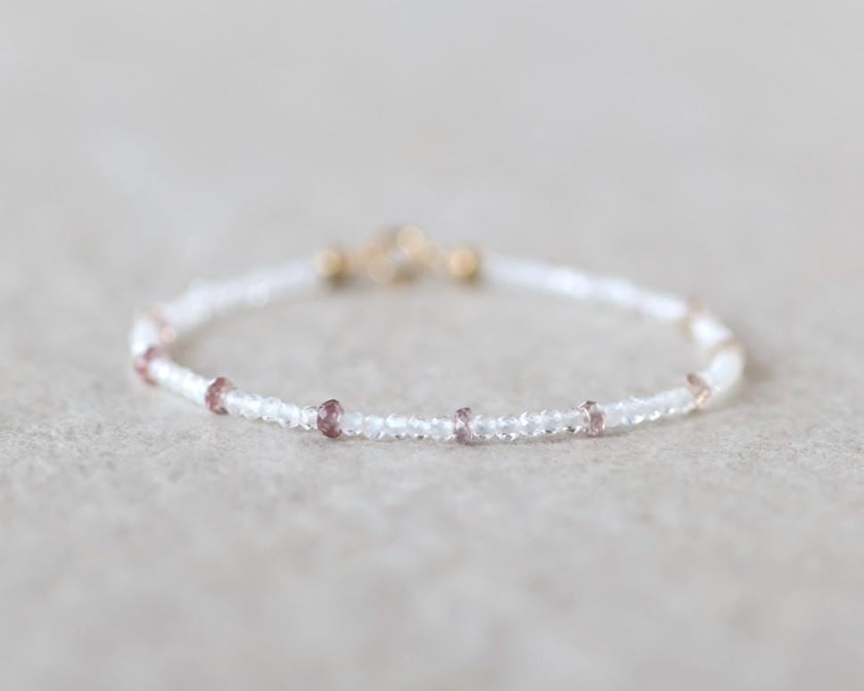 Tiny White Moonstone and Pink Garnet Bracelet