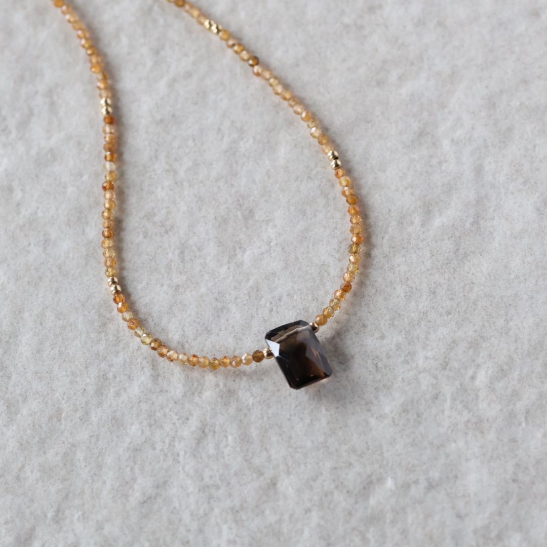 Tiny Smoky Quartz and Yellow Tourmaline Beaded Necklace