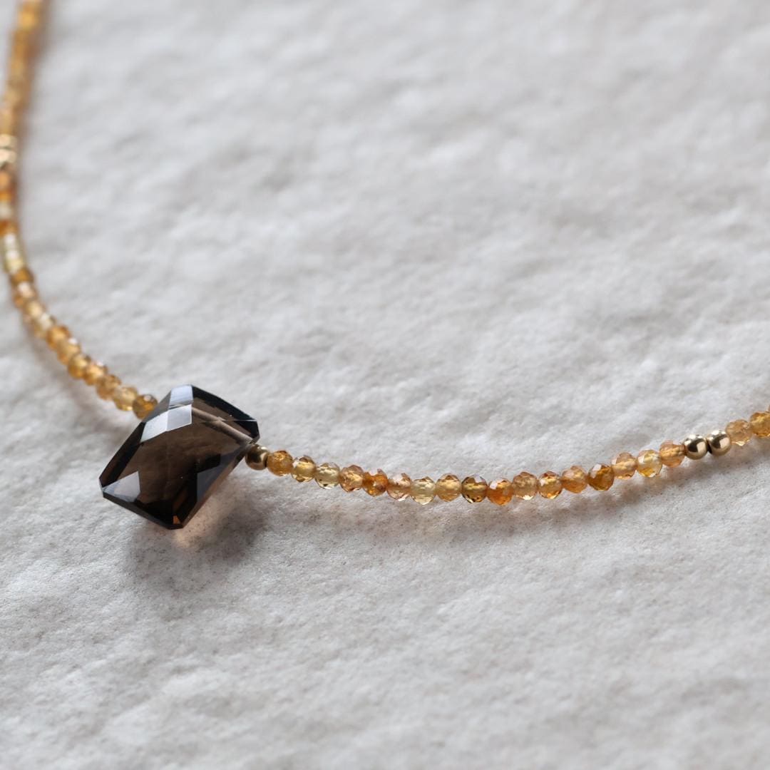 Tiny Smoky Quartz and Yellow Tourmaline Beaded Necklace