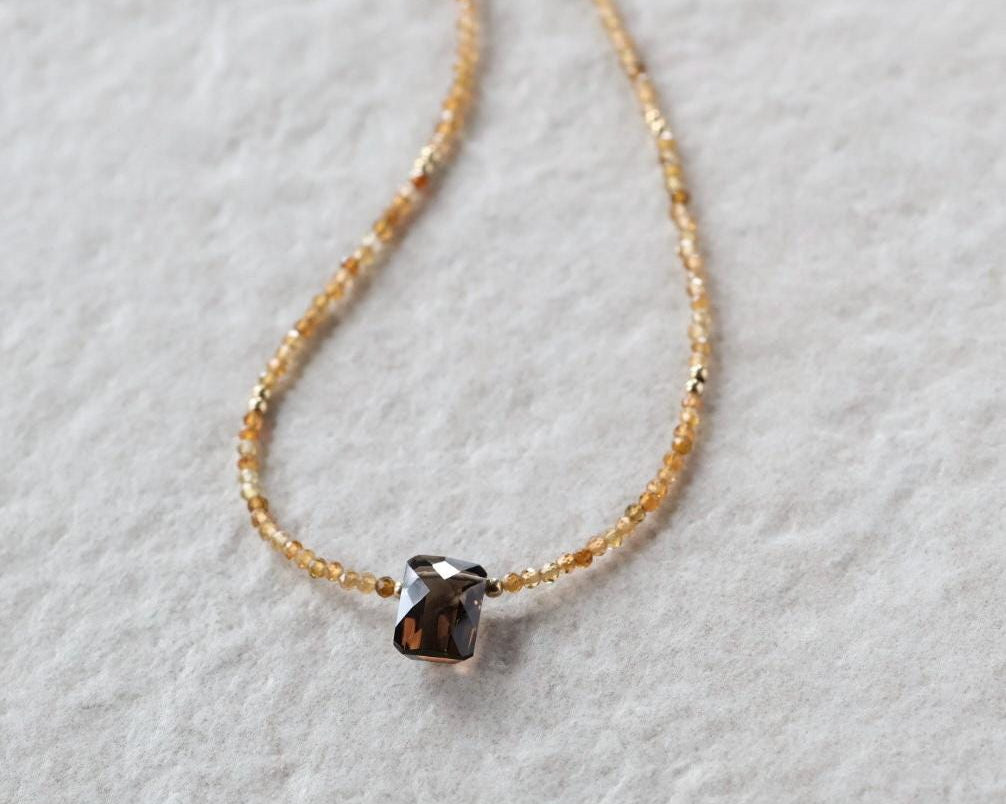 Tiny Smoky Quartz and Yellow Tourmaline Beaded Necklace