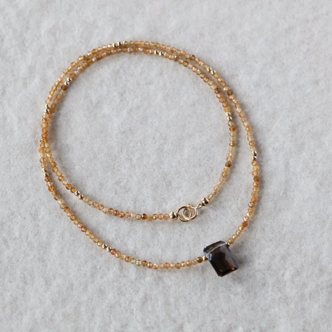 Tiny Smoky Quartz and Yellow Tourmaline Beaded Necklace