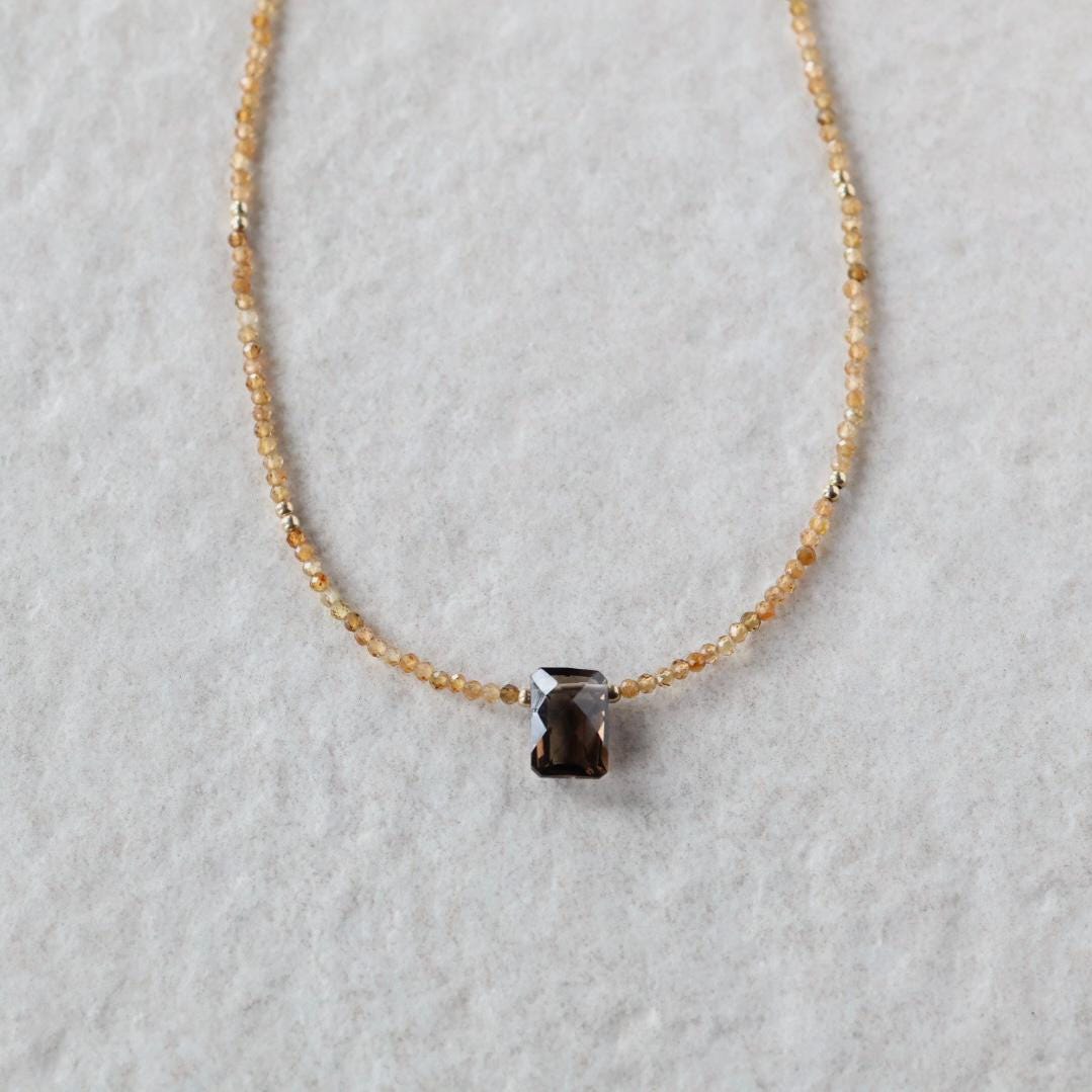 Tiny Smoky Quartz and Yellow Tourmaline Beaded Necklace