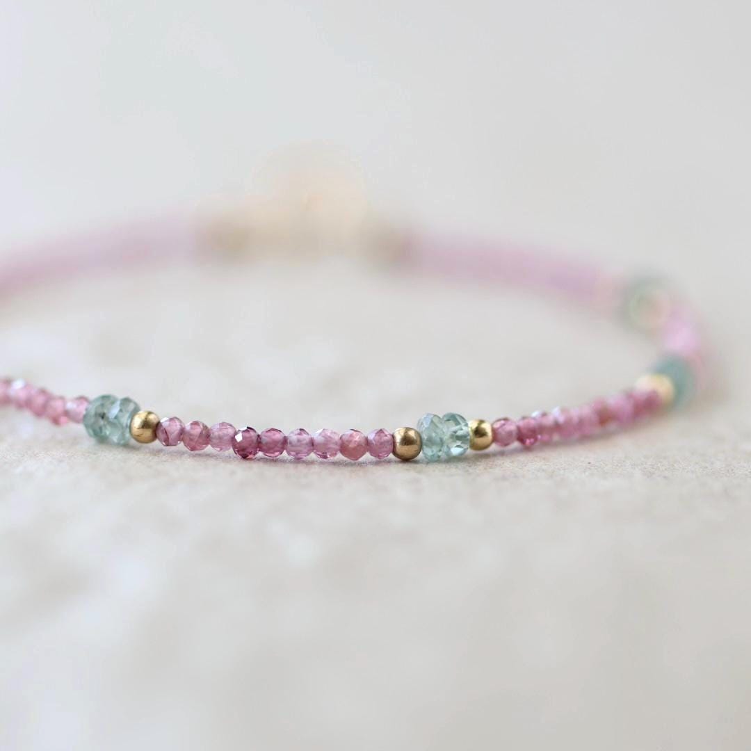 Tiny Pink Garnet and Green Sapphire Bracelet