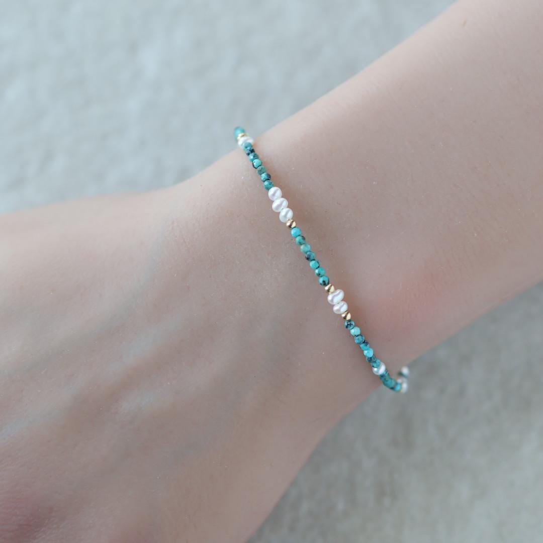 Tiny Pearl Turquoise Bracelet Dainty Gemstone Jewelry Minimalist December Birthstone June Bracelet Birthday Gift Bridesmaids Mom Wife