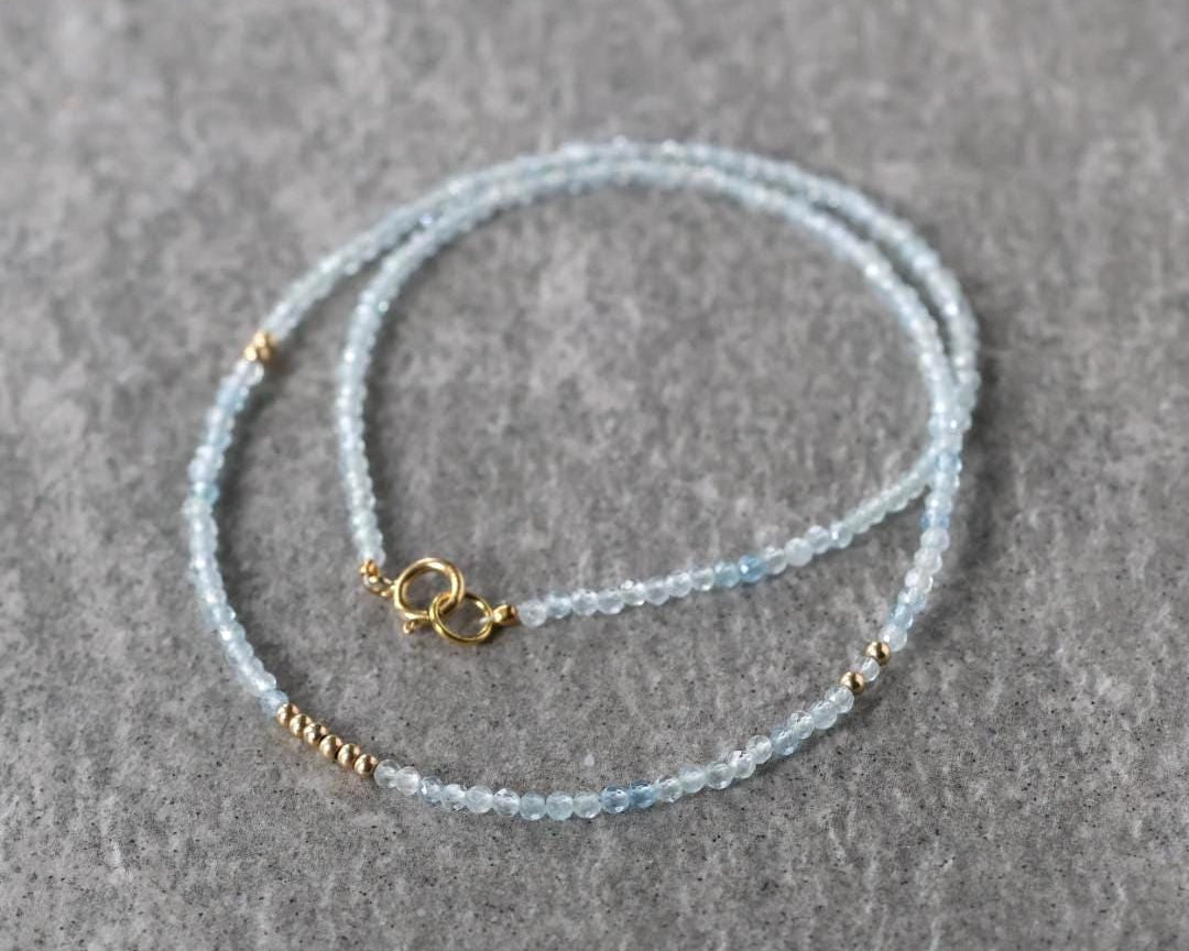 Tiny Aquamarine Necklace Dainty Beaded Choker Layering Simple Necklace Minimalist Jewelry Gift March Birthstone Mom Wife Bridesmaids
