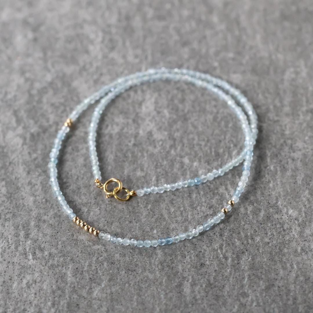 Tiny Aquamarine Necklace Dainty Beaded Choker Layering Simple Necklace Minimalist Jewelry Gift March Birthstone Mom Wife Bridesmaids