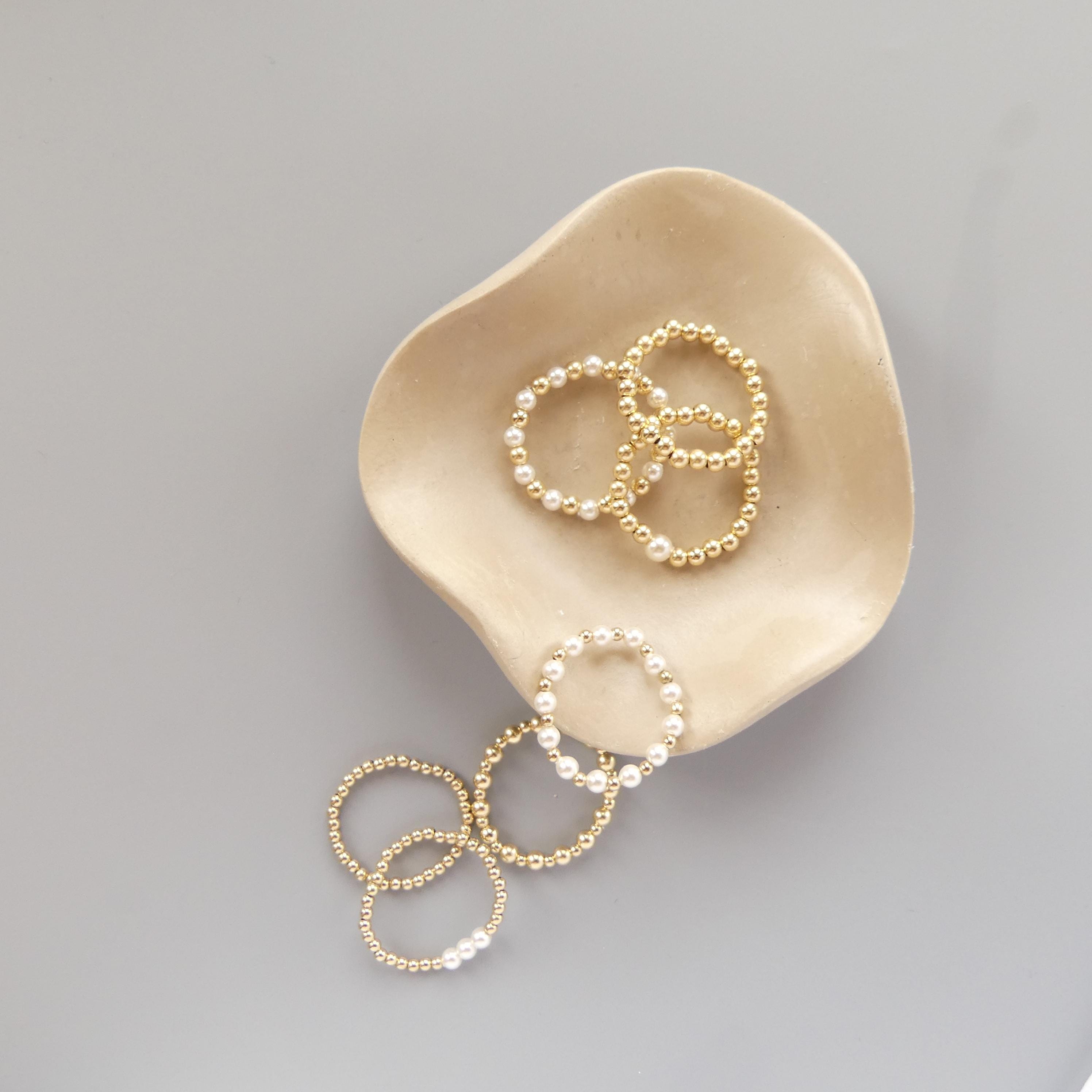 Pearl Stretch Ring Set Dainty Stacking Ring 2mm Beaded Gold filled Ring Elastic Boho Rings Minimalist Birthday Gift Mom Bride Friend Grandma