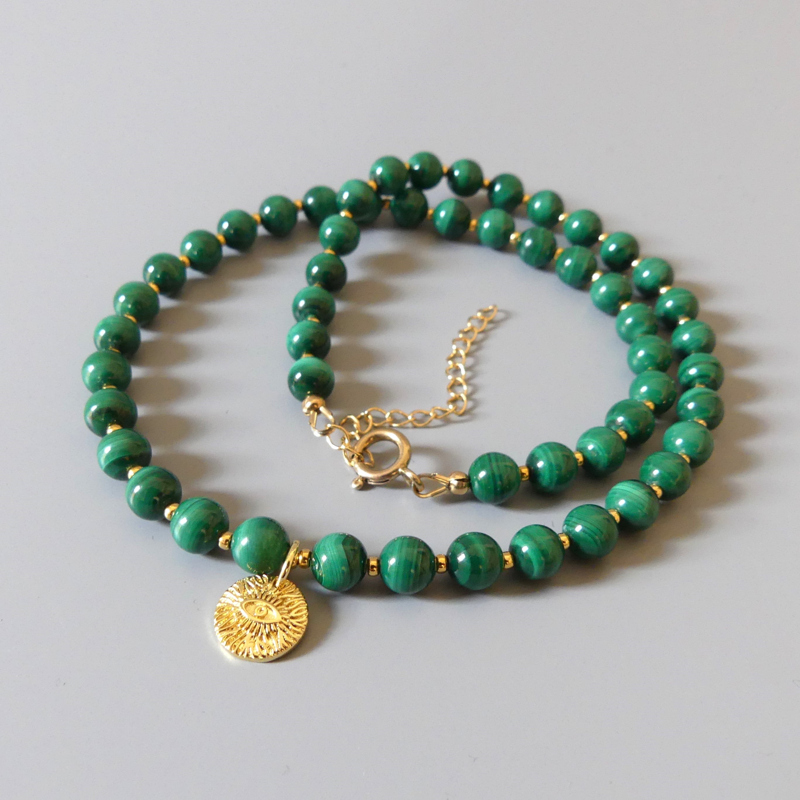 malachite beaded necklace choker with evil eye